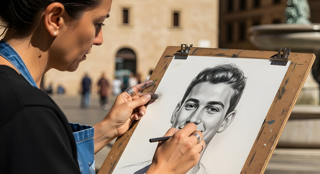 Street artist drawing portrait in tourist city square. Creative art culture live sketching and urban lifestyle scene with people and travel atmosphere.