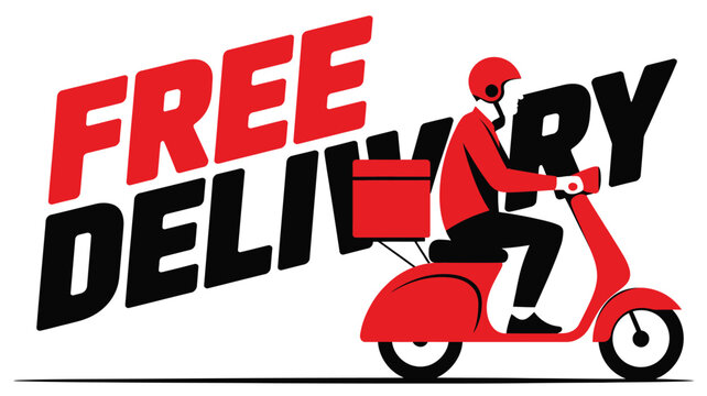 Bold red and black text announcing free delivery service with a person riding a red scooter