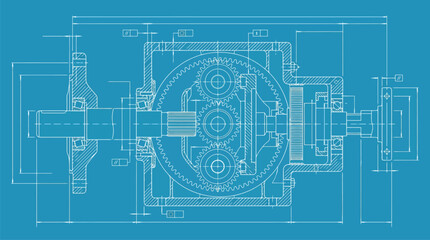Naklejka premium Blueprint gear circuit schematic vector illustration for engineering technology concept.