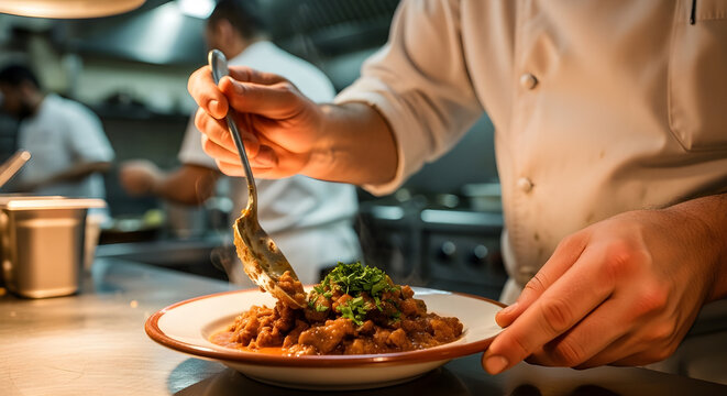 Cook serving traditional dish in small urban restaurant. Authentic cuisine local culture and hospitality in casual dining environment with warm atmosphere.
