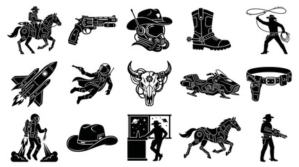 Obraz premium Sci-Fi Western Space Icons Set featuring Astronauts, Cowboys, Robotic Animals, and Futuristic Gear in Black White Glyph Style