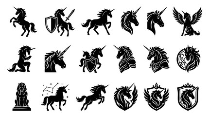 Fototapeta premium Unicorn Silhouette Icons Set Black and White Mythical Horse Fantasy Art