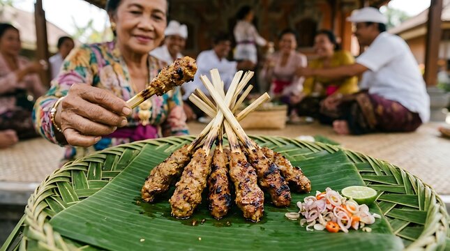 Traditional balinese sate lilit served on banana leaf with people
