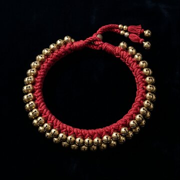 Traditional Indian Ghungroo Anklet: A thick woven red rope anklet lined with dozens of small polished brass bells (Ghungroo) used by classical Kathak dancers, realistic metallic sheen, black backgroun