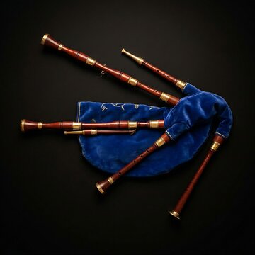 Traditional Spanish Gaita Bagpipe: A Spanish Celtic Gaita bagpipe made of dark cherry wood, polished brass rings, and a royal blue velvet bag lining, full instrument layout, black background, 1:1 rati