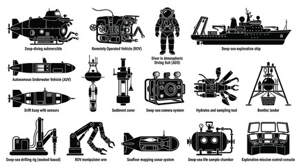 Fototapeta premium Deep-Sea Exploration Equipment and Vehicles Silhouette Icons Set - Black White Vector Glyphs