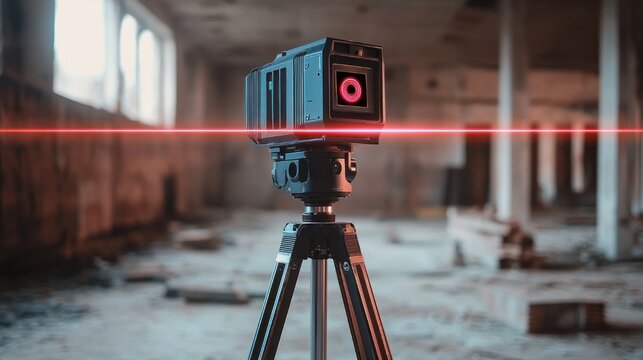 Portable 3D laser scanner on tripod projecting a red beam across an empty abandoned industrial interior with concrete pillars and dusty windows, cold moody atmosphere and clinical precision