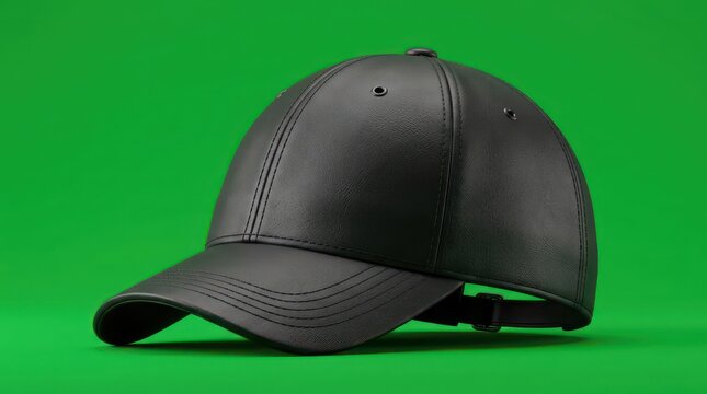 Premium Black Leather Baseball Cap Mockup Isolated on Green Screen Background for Fashion Design