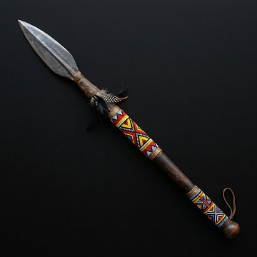 Traditional African Zulu Beaded Assegai Spear: A short Zulu stabbing spear (Assegai) with a hand-forged iron blade, a dark wood shaft bound with colorful geometric tribal beadwork accents, black backg