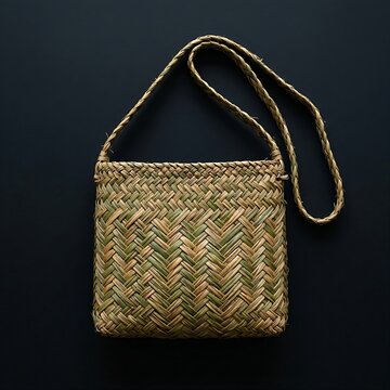 Traditional New Zealand Maori Kete Bag: A traditional Maori shoulder bag (Kete) hand-woven from green and dried flax fibers (harakeke) forming a chevron pattern, realistic weave texture, black backgro