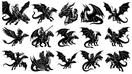 Fototapeta premium Black and White Fantasy Dragon and Knight Riders Vector Art Set - Mythical Creatures Silhouettes Collection