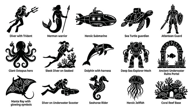 Black and White Underwater Marine Life, Deep Sea Exploration, and Fantasy Icons Vector Collection