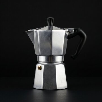 Traditional Italian Bialetti Moka Pot: A classic octagonal aluminum Italian Moka espresso coffee maker, standing proudly with realistic metallic sheen and clean reflections, solid black background, 1:
