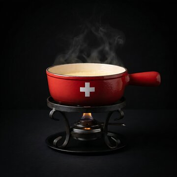 Traditional Swiss Fondue Caquelon Pot: A heavy red ceramic fondue pot (caquelon) with a white Swiss cross graphic, resting on a wrought iron rechaud stand, realistic matte finish, deep black backgroun