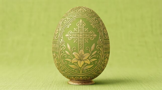 Ornate Green Easter Egg with Golden Christian Cross and Lily Floral Patterns on Green Background