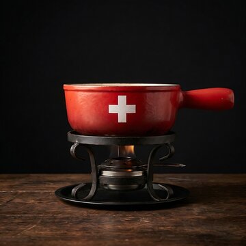 Traditional Swiss Fondue Caquelon Pot: A heavy red ceramic fondue pot (caquelon) with a white Swiss cross graphic, resting on a wrought iron rechaud stand, realistic matte finish, deep black backgroun