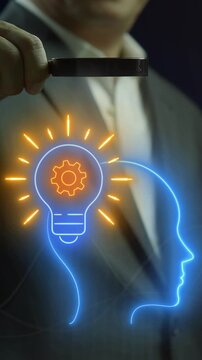 Strategic innovation concept, systematic process for developing and implementing new ideas and products that help an organization grow and compete. Strategic innovation icon on virtual screen.