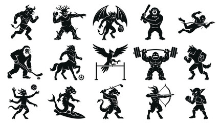 Fototapeta premium Black and White Glyph Icons of Mythological Creatures Playing Sports and Activities