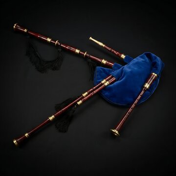 Traditional Spanish Gaita Bagpipe: A Spanish Celtic Gaita bagpipe made of dark cherry wood, polished brass rings, and a royal blue velvet bag lining, full instrument layout, black background, 1:1 rati