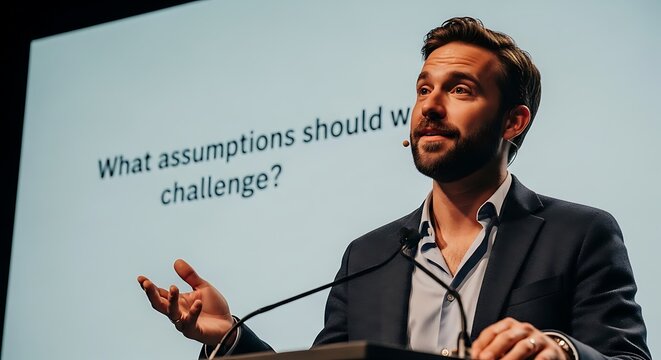 Businessman with a beard and dark jacket speaks at a podium with a microphone a screen behind him displays the question What assumptions should we challenge