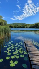 Obraz premium Wooden dock extending into a calm lake dotted with lily pads and reeds, tree-covered hill in the distance under a bright blue sky with scattered clouds, peaceful and serene