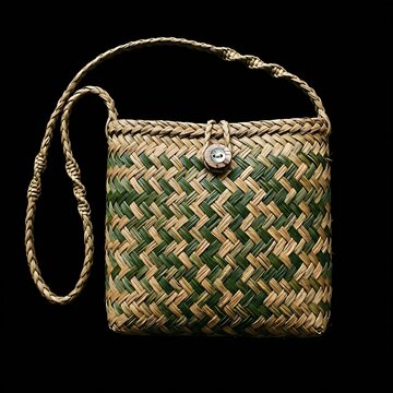 Traditional New Zealand Maori Kete Bag: A traditional Maori shoulder bag (Kete) hand-woven from green and dried flax fibers (harakeke) forming a chevron pattern, realistic weave texture, black backgro