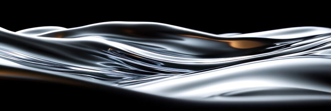 shiny metallic liquid waves on black background, smooth reflective chrome surface with warm amber highlights, sleek calm futuristic flow