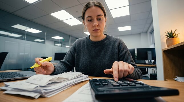 Female accountant using calculator to process financial receipts and paper invoices in modern office workspace for tax preparation and bookkeeping