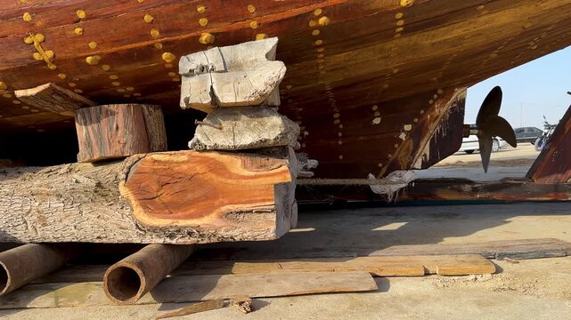 Traditional old wooden boat renovation in Qeshm handmade vessel trade of pearl fishing marine ocean sailing wood dhows corniche cruise historic sambuk jalibut boom maritime cultural heritage sea beach