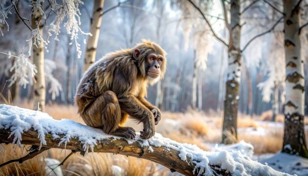 Cute young squirrel monkey gibbon baby sitting on tree branch in zoo wildlife nature portrait close-up, brown fur small primate looking face, animal mammal wildlife concept