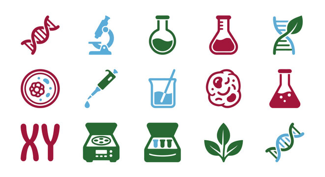 Science laboratory icon set with DNA helix, microscope and pipette for medical research.