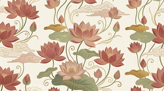 Seamless traditional asian pattern with pink lotus flowers and clouds