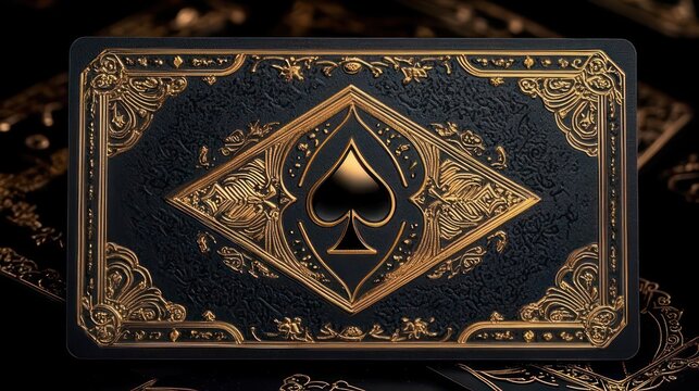 black and gold ornate playing card back with embossed spade emblem, decorative filigree, diamond frame and textured leather-like surface, elegant luxurious mood