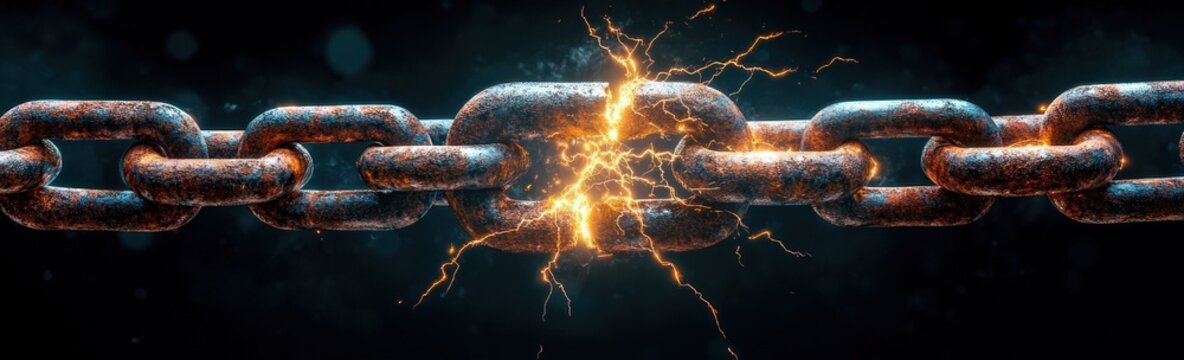 rusted metal chain link erupting with electric sparks at a weak point, dramatic tension and imminent fracture
