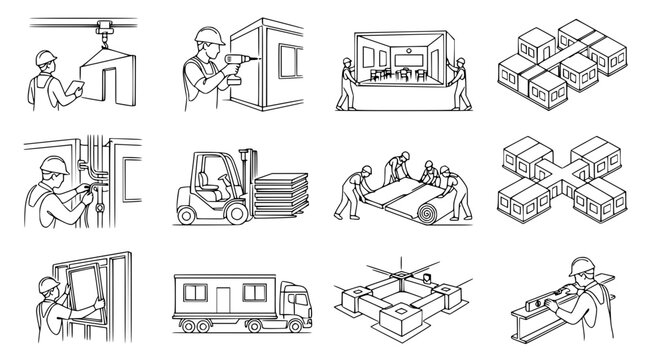 Modular construction process: assembly, transport, and installation of prefab units.