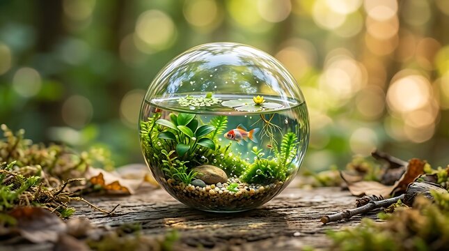 Glass sphere aquarium with tiny fish and plants in a sunny forest