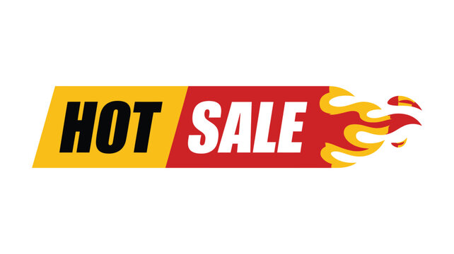 Bright Hot Sale label showing a yellow and red banner with stylized flames
