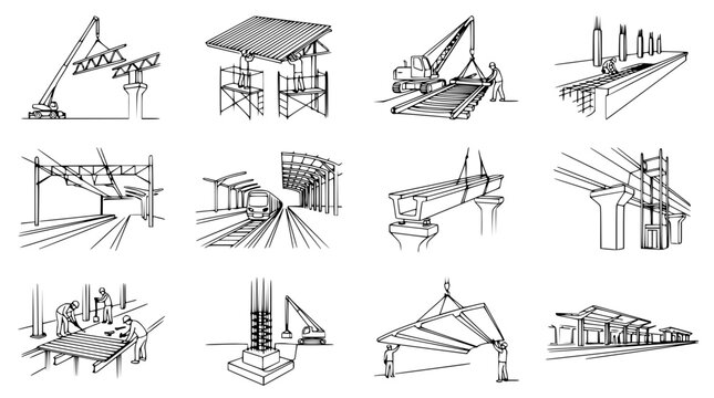 Construction collage: infrastructure, bridges, buildings, workers, heavy machinery, architecture sketches