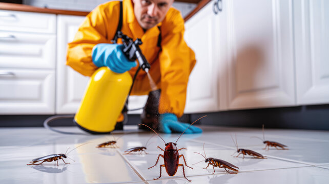 Pest control worker spraying insecticide on cockroaches on kitchen floor