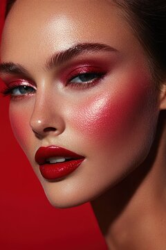 Close-up portrait of a woman with glossy skin, dramatic red eyeshadow, heavy blush and bold red lips, arched brows and an intense seductive gaze against a red background