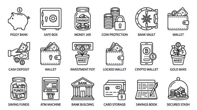 Banking, cash storage, and crypto wallet line icons.