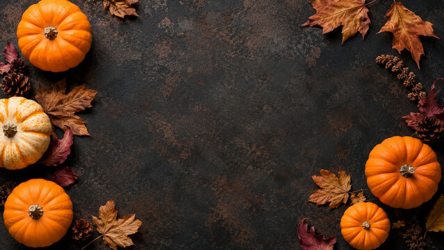 Autumn Pumpkins and Fallen Leaves Frame on Dark Background