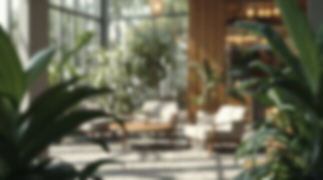 Blurred Modern Sunlit Lounge Interior Background.