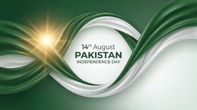 Pakistan flag theme white green wavy ribbon flow design on white background. 14 August Independence Day Pakistan text, color line flyng effect abstract background. Fabric folds web banner design