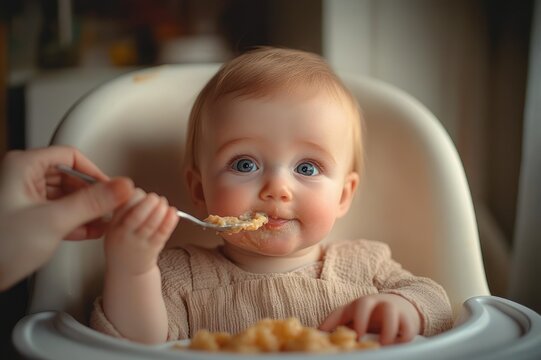 infant in a white high chair wearing a beige outfit being spoon-fed pureed food by an adult hand in a warm home setting, calm and curious mood