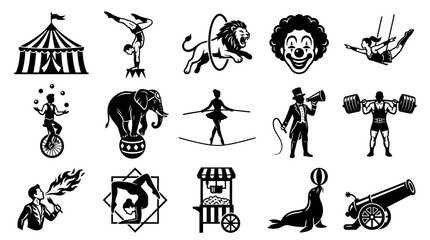 Obraz premium Black and White Circus Icons Set: Tent, Performers, Animals, and Props
