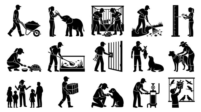 Zoo animal care: keeper feeding birds, measuring elephant, tending aquarium, dog training