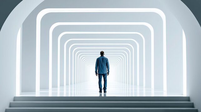 Full rear shot of lone male in casual blue shirt denim jeans standing in vast reflective white corridor with repeating glowing square archways, wide flat distant steps, bright cool white lighting