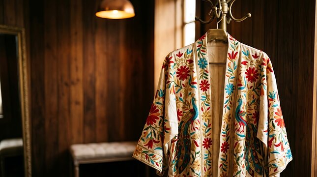 Elegant embroidered peacock kimono hanging in a rustic wooden room