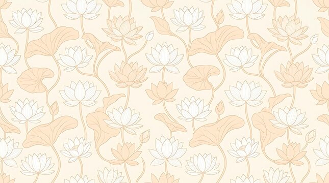 Elegant lotus flower and leaf line art seamless pattern